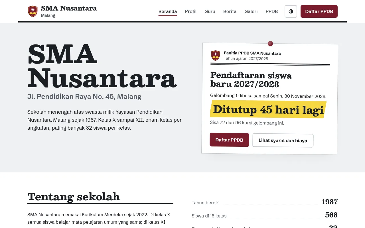 Tampilan beranda situs demo SMA Nusantara
