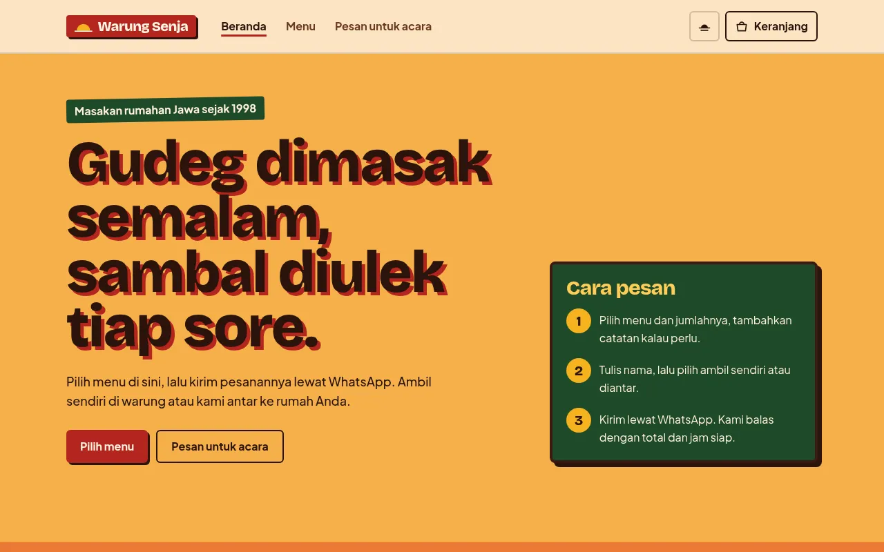 Tampilan beranda situs demo Warung Senja